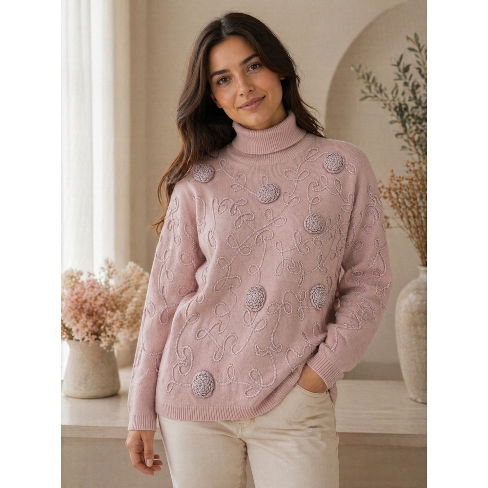 Rafaella Vintage Pink Lambswool Blend 3D Floral Embroidery Turtleneck Sweater M